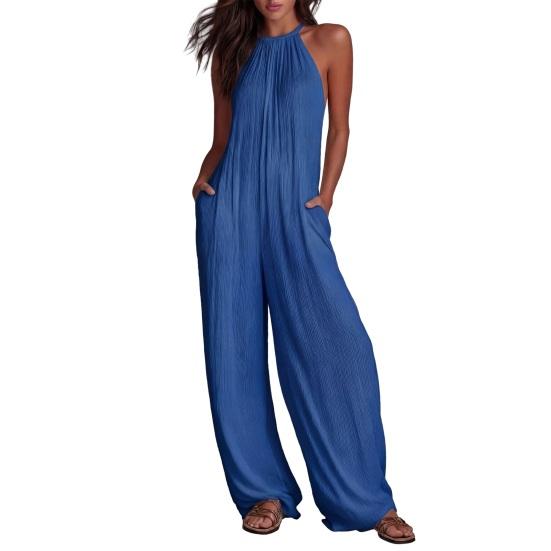 Women s Casual Jumpsuit Comfortable Loose Fit Jumpsuit Summer Sleeveless Wide Leg S синий