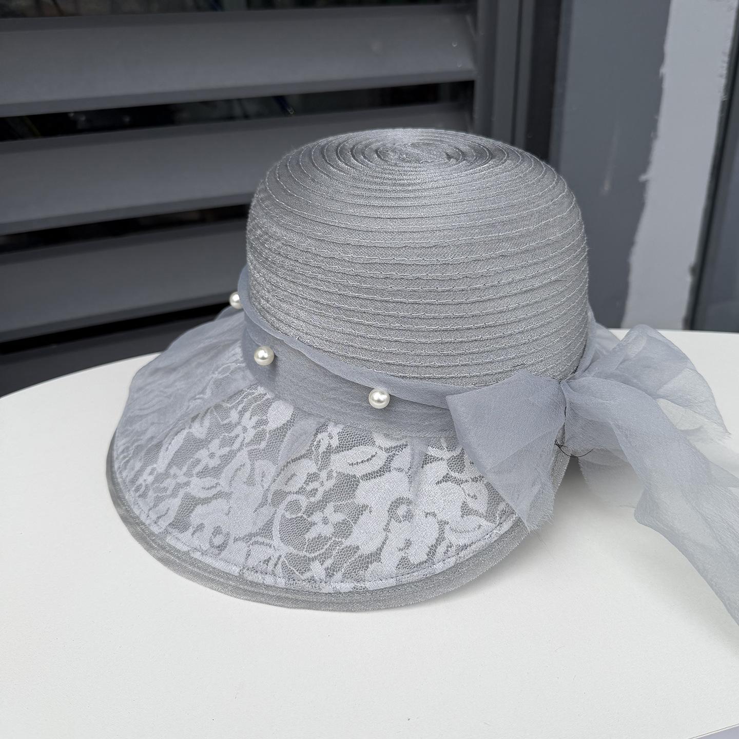 

Elegant Pearl Mesh Butterfly Knot Open Split Fisherman Hat Women s New Large Brim Beach Hat Summer Sun Protection Hat Adult 56-58cm сірий