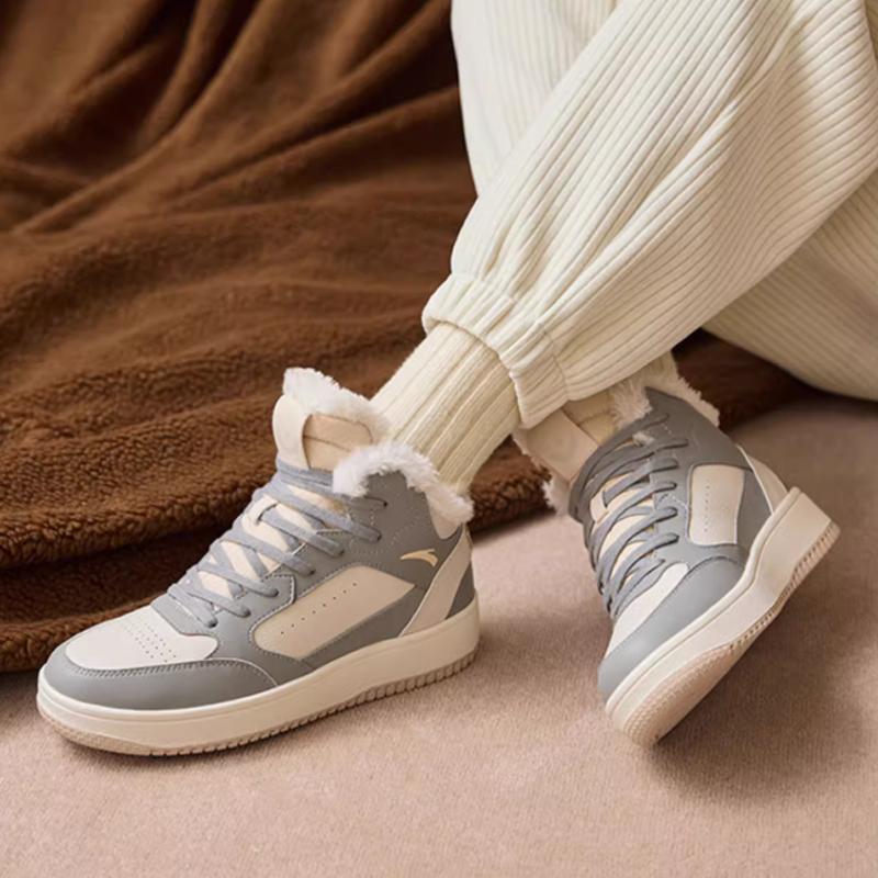 Anta Fabric Leather Fleece Lined Warm Non-Slip Wear-Resistant High-Top Skate Shoes Women Sneakers Gray 922248913-3