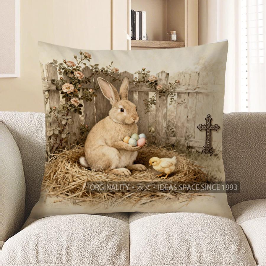 2D Rabbit With Eggs And Cross Easter-Themed Pillow Pattern Cushion Cover Suitable For Sofa Bedroom Car Pillow Cover