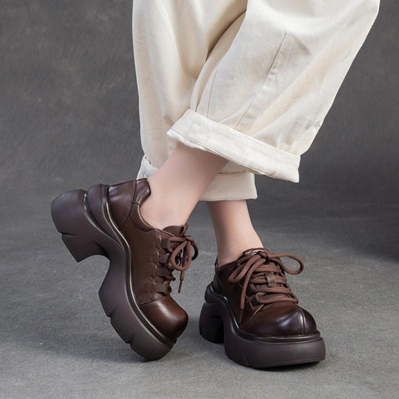 Johnature Genuine Leather Thick Soled High Heel Pumps Versatile Retro Round Toe Lace-up Women's Platform Shoes