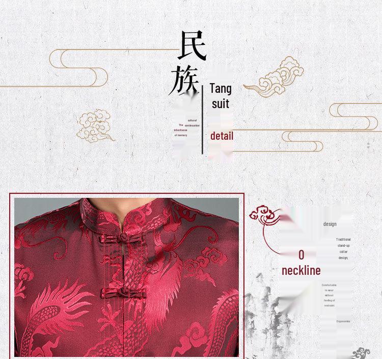 Silk Satin Dragon Tang Suit: Short-Sleeve Hanfu Shirt for Middle-Aged & Elderly Men, Lay Buddhist Attire with Frog Buttons