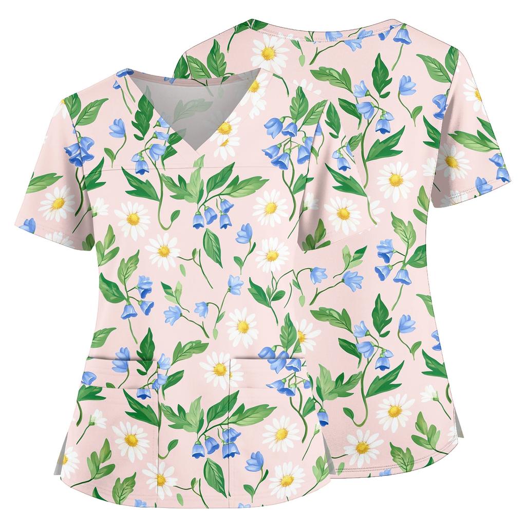 Women Floral Print V Neck Scrub Top with Pockets Side Slits Short Sleeve Medical Uniform Shirt for Healthcare Professionals