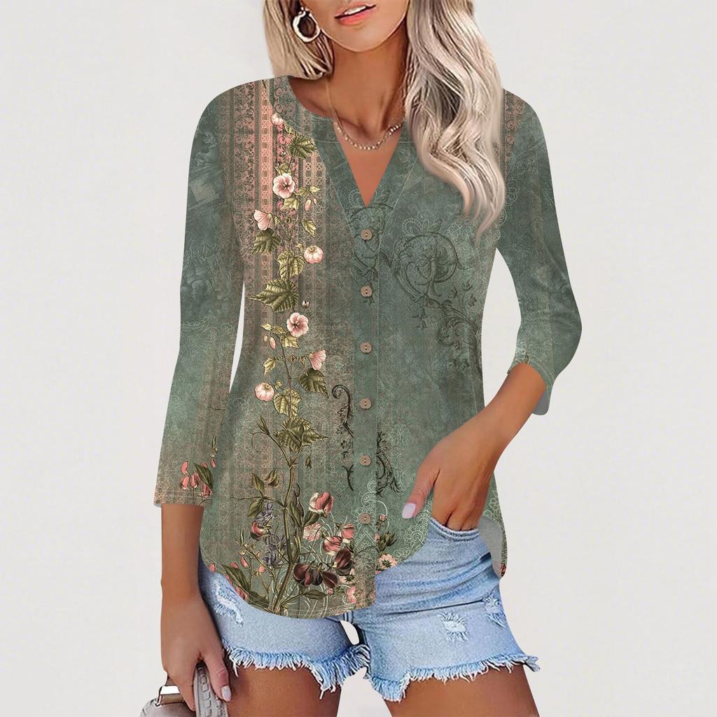 Women's Button Down Cardigan T Shirts 3/4 Sleeve V Neck Tees Casual  Fashion Printed T-shirt Tops