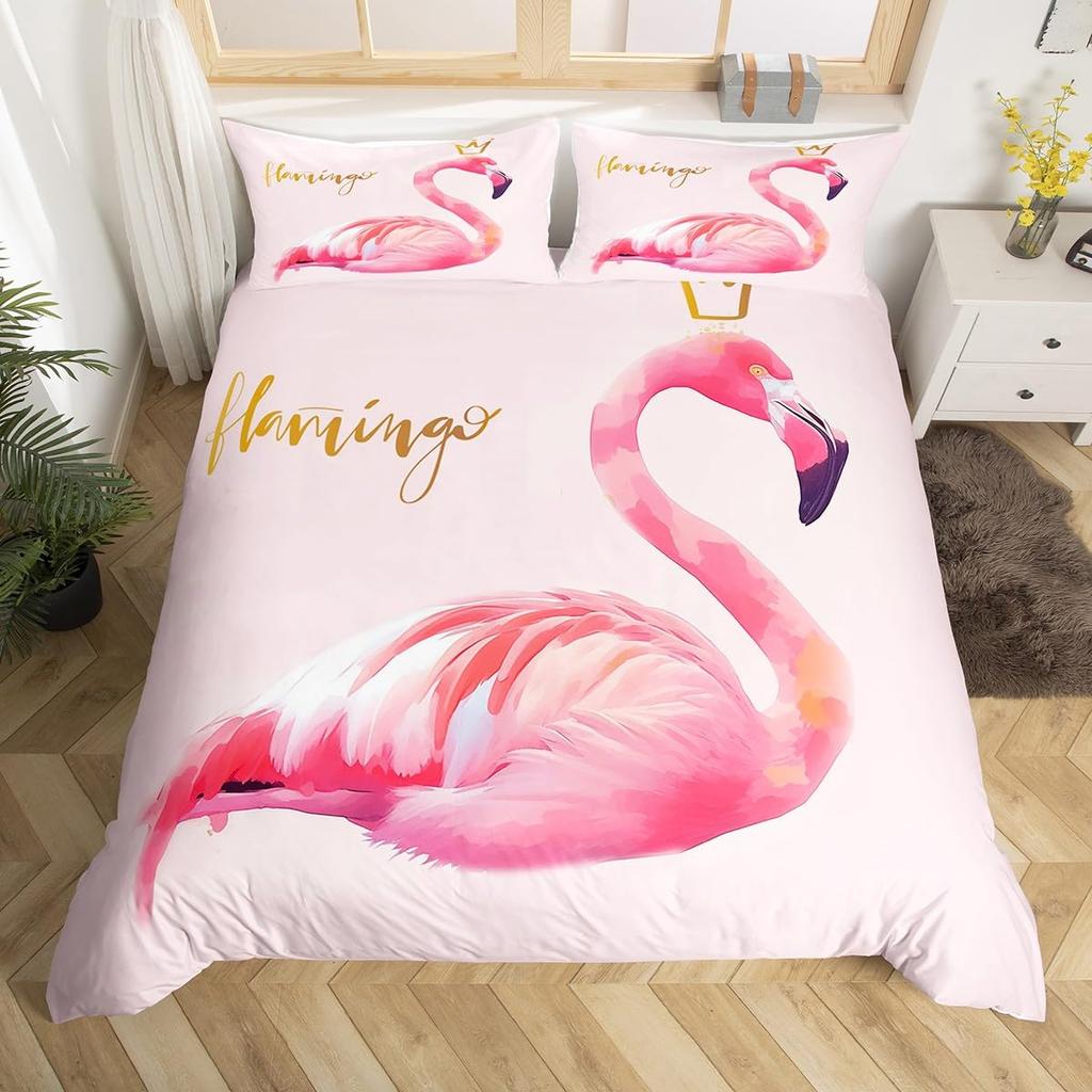 Flamingo Duvet Cover Set Tropical Animal Pattern King Bedding Set Girls Pink Floral Quilt Cover Queen Full Comforter Covers 3Pcs
