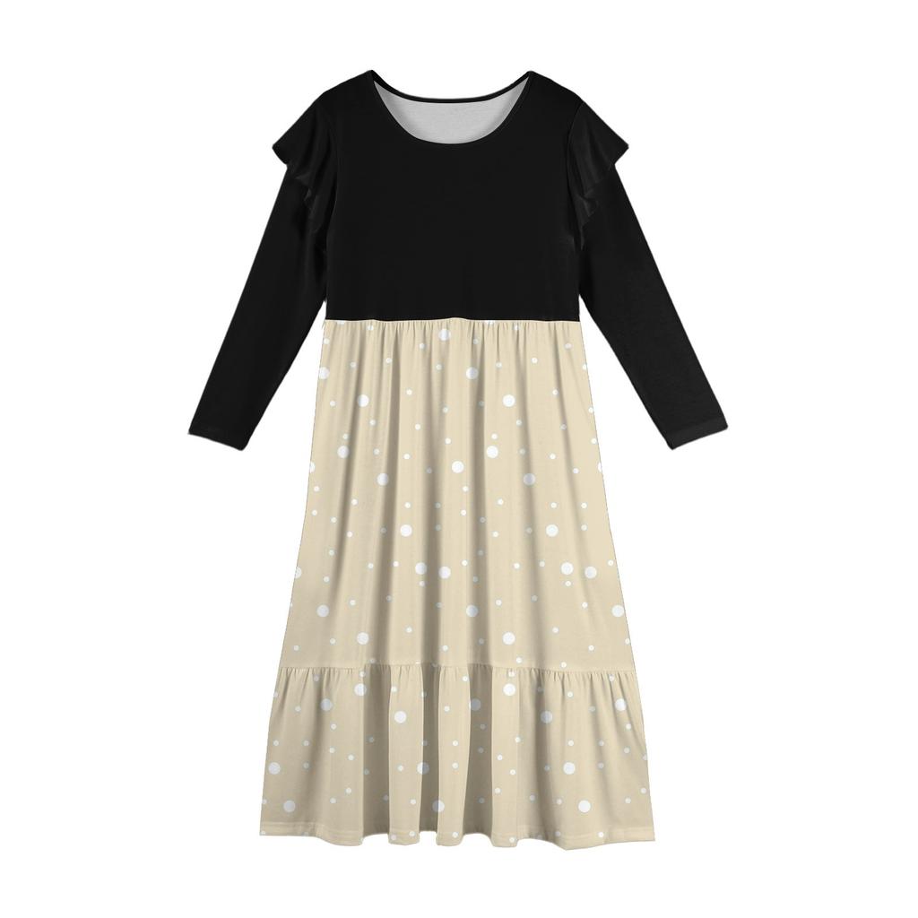 Dívčí vrstvené volánové šaty - Maxi s dlouhým rukávem a potiskem s kapsami