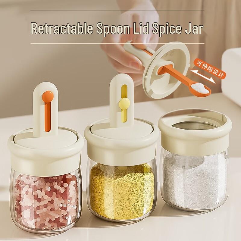 Telescopic Glass Seasoning Jars with Integrated Spoon Lids