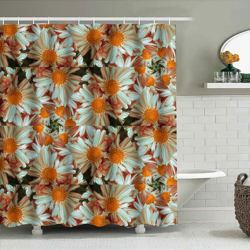 Floral Print Shower Curtain Waterproof Fabric Bathroom Decor For Home Decoration White Orange Flowers Pattern, Size180X240Cm (70