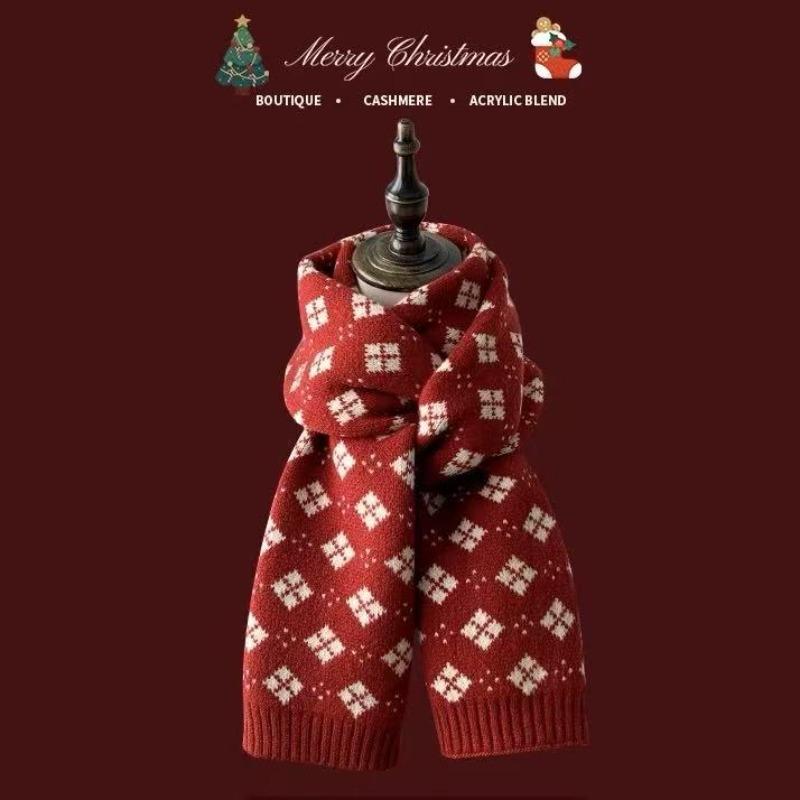Festive atmosphere Christmas knitted scarf women's autumn and winter warm versatile student couple wool scarf men