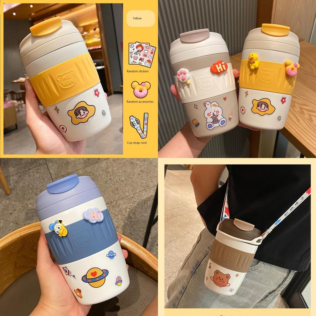 Adorable 370ml Thermos Cup For Female Students With Straw And Cup Strap Cord
