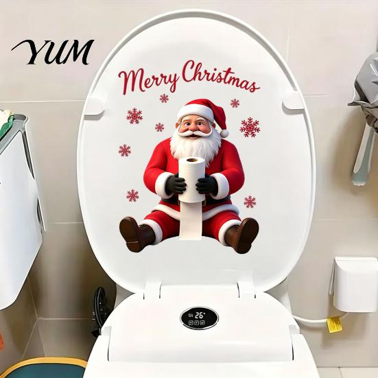 Holiday Theme Interior Styling Santa Claus Toilet Sticker, Waterproof PVC Christmas Bathroom Decal for Self Adhesive Signs Home Decoration, Removable
