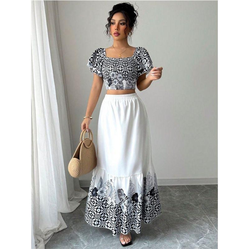 

Летнее женское платье Дамский костюм-двойка Юбка Летний праздничный стиль А-силуэт Комплект юбки Black Flowers on white background XL