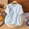 Kurzarmhemd Damen Stickerei locker große Größe literarisch retro Baumwolle und Leinen Top Damen diagonale Knopfleiste Schnalle Sommer neu