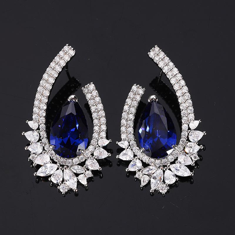 Jewelry Set 925 Pure Silver Needle Stud Earrings Zircon Crystal Dark Blue Zirconium Ring Earrings Women