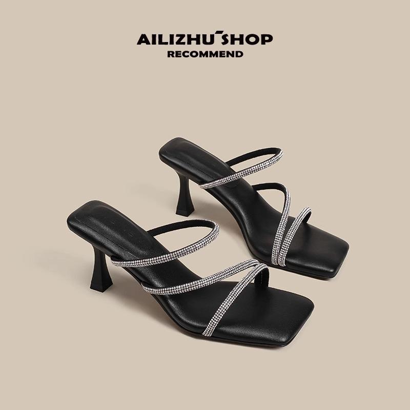 Stepping On Shit, Silver High-heeled Sandals, Fairy, Wind Square Head Rhinestone Thick-heeled Cool Slippers, Women Are Not Tired of Wearing Outside