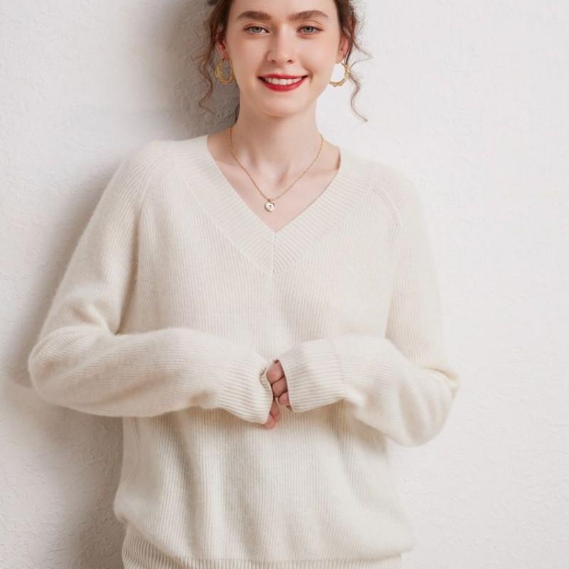 100% Pure Cashmere Womens Thick Knit V-Neck Sweater Winter Loose Fit Oversized Top
