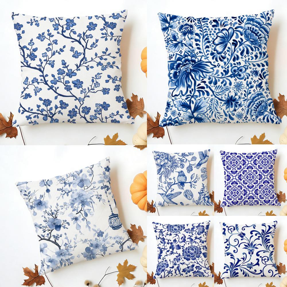 Blue and White Porcelain Cushion Cover Washable Linen Pillowcase Soft for Sofa Bed Cozy Home Room Decor
