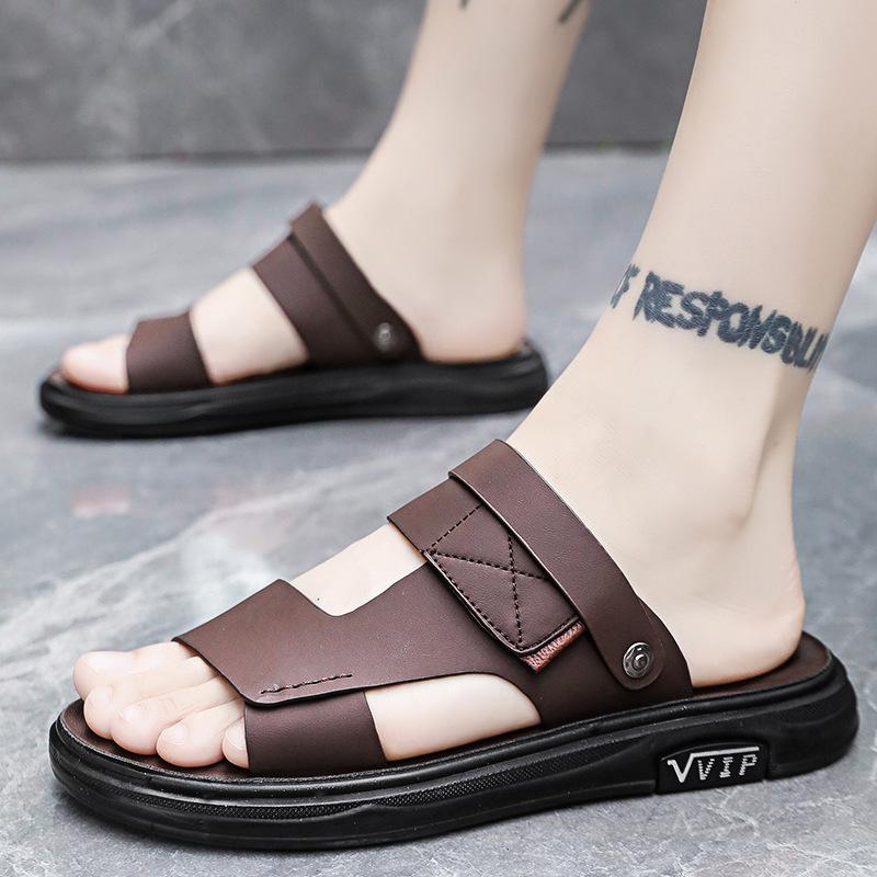 High-end Leather Sandals, Men's Outer Wear, Summer New Fashion, One Shoe or Two, Wear Thick-soled, One-word Cool Slippers