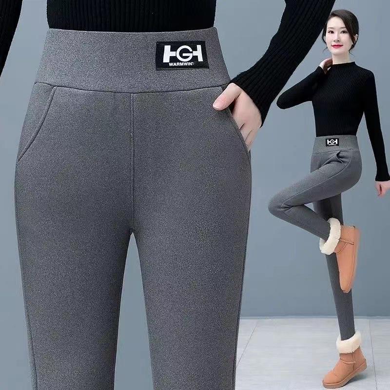Women's Plus Size Thick Velvet Lambswool Leggings - Warm, Tight Fit In Black or Gray for Autumn and Winter.
