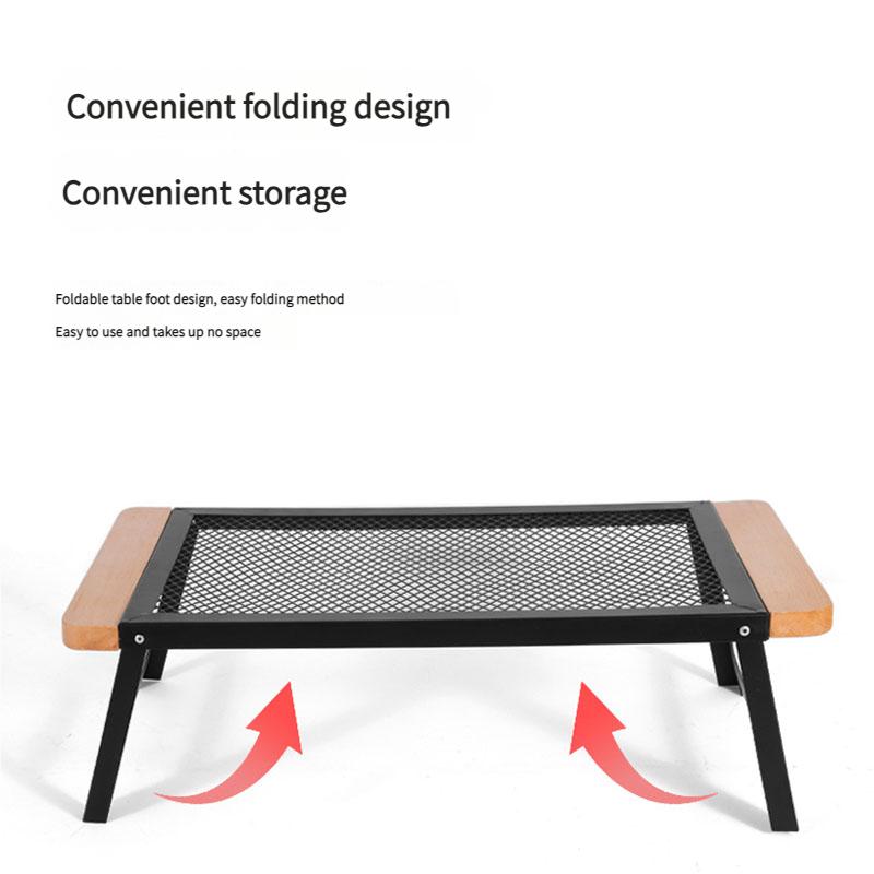 Portable Folding Camping Table with Solid Wood Top and Iron Mesh Surface Heat Resistant Outdoor Picnic Desk Lightweight for Backyard Beach