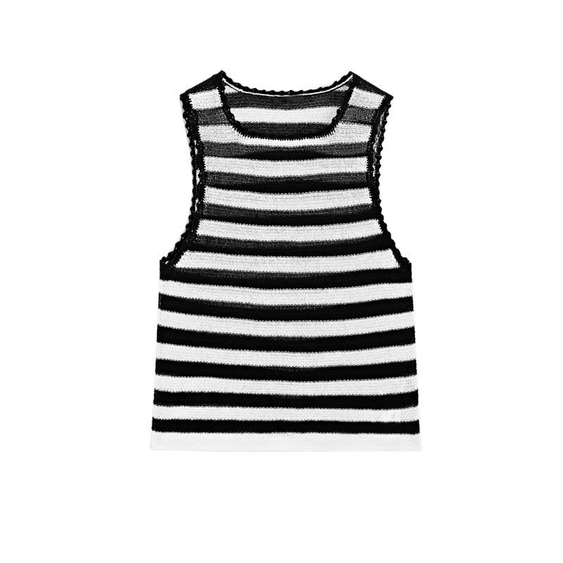 MD Summer Women Clothes Navigation Series Black and White Stripe Lace Knitted I-Shaped Vest Sleeveless T-shirt Top 6811701