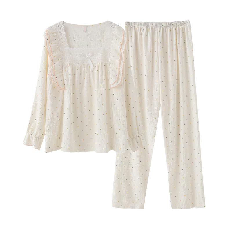 Sweet Polka Dot Lace Trim Princess Pajama Set for Women - Long Sleeve