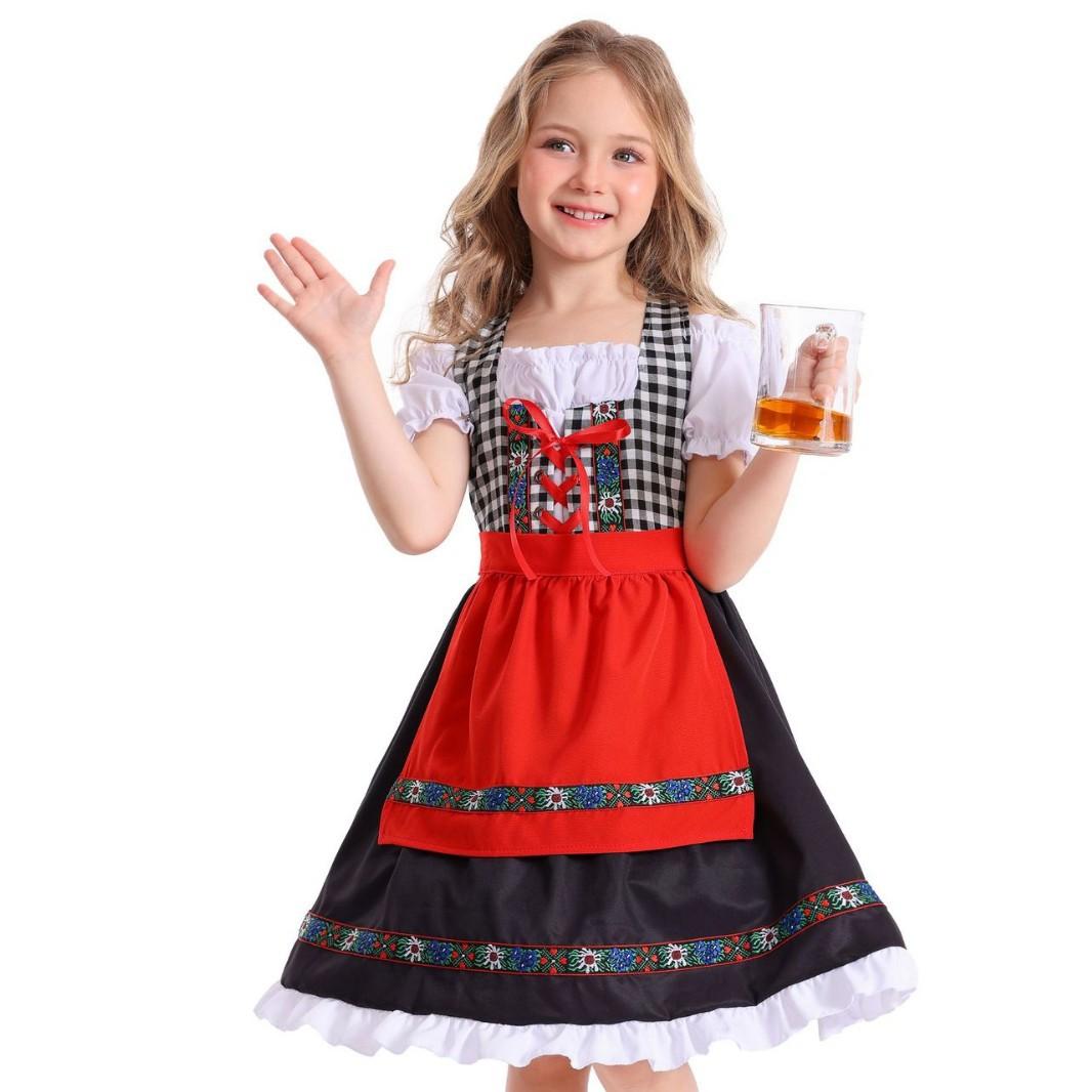 Girls Bavarian Traditional Beer Festival Dress Kids German Oktoberfest Maid Stage Costume XS черный белый