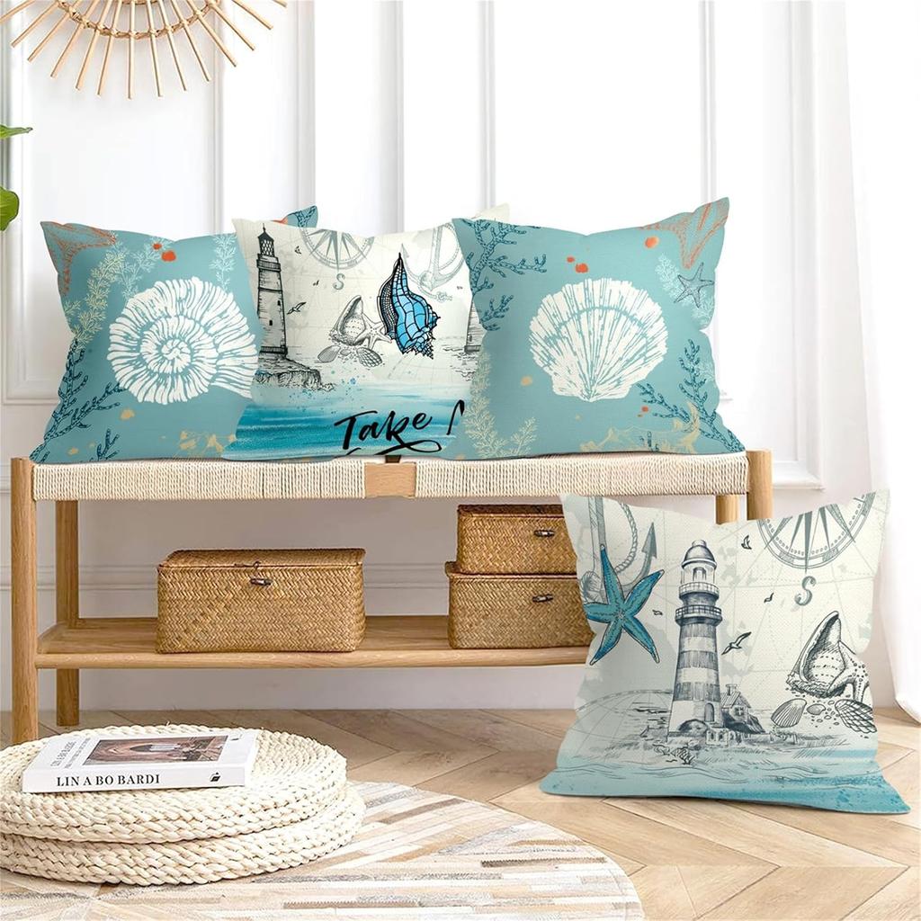 Summer Blue Nautical Throw Pillow Covers 18x18 Inch Set of 4 Ocean Lighthouse Starfish Seashell Cushion Covers Home Decor for Couch Cushion Cases