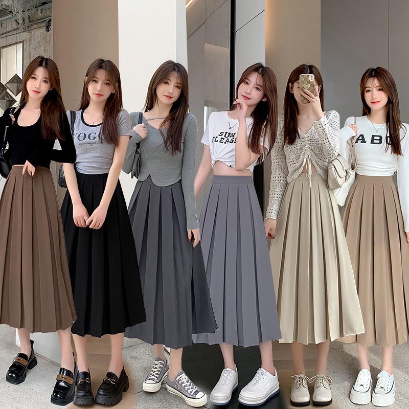 Women's Black Pleated A-Line Skirt - Mid-Length, High Waist, Elastic Fit, Autumn/Winter