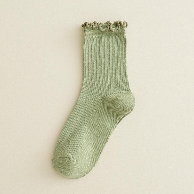 Women's Japanese Style Black Lace-Trimmed Mid-Calf Cotton Socks - Cute Slouchy Autumn/Winter Solid Color Trendy Long Socks.