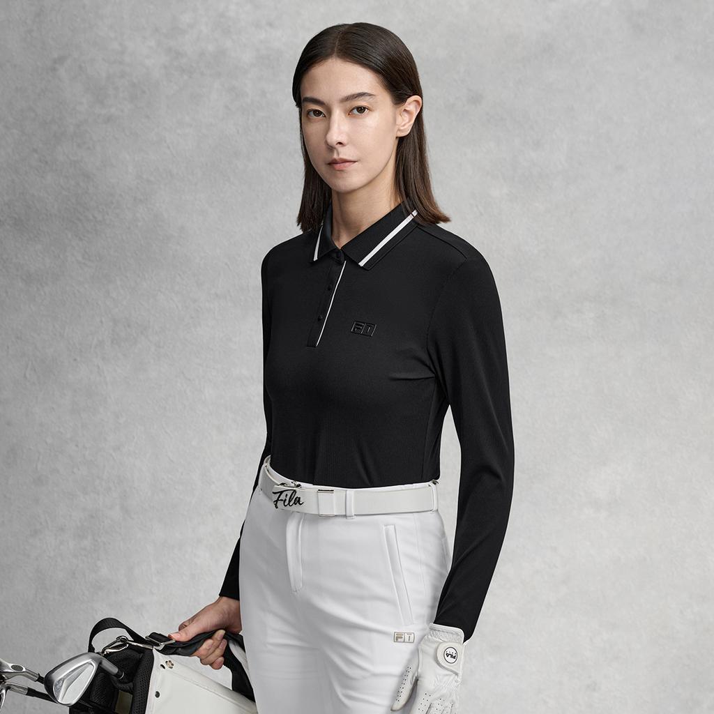 FILA Golf Series Trendy Fashion Simple Casual Sports Training Golf Versatile Slim Fit Long Sleeve Polo Shirt Women tops Deep-Black A11W615214FBK
