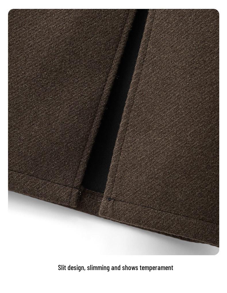 Coffee-colored Retro Wool A-line Midi Skirt, Women's Autumn/Winter 2025, Suit-style with Slit and Hip-hugging Fit