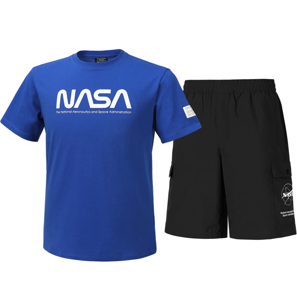 Nasa Unisex Cotton Blend Training T-Shirt + Woven Knee-Length Shorts Set [Blue + Black] 95