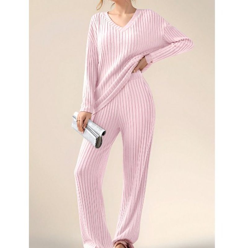 Western Style Spring and Autumn New Cross-Border V-neck Solid Sunken Stripe Loose Long Sleeves Shirt Trousers Casual Two-piece Suit Women Clothes