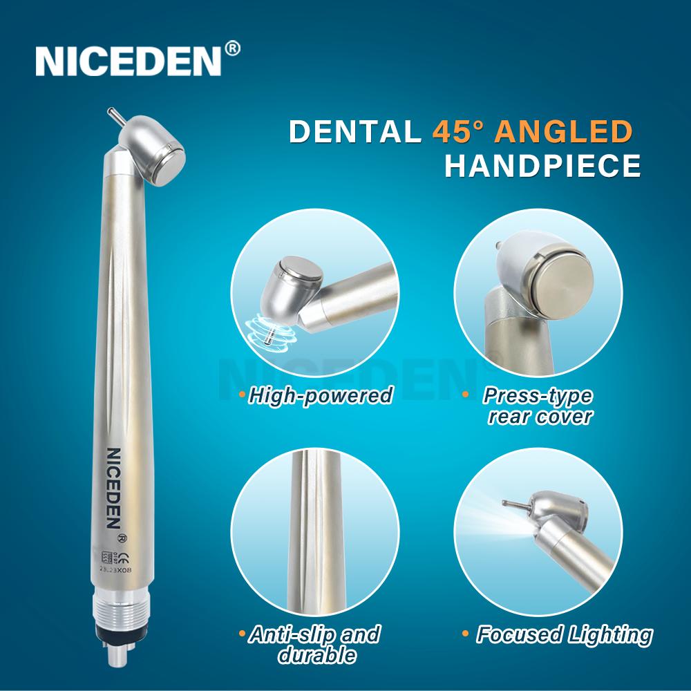 NICEDEN Dental 45 Degree LED High Speed Handpiece E-generator Integrated Small Head Push Button Handpiece Single Water Spray
