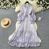 French romantic style lantern sleeve printed dress women's summer waist strap A-shaped long dress high-end temperament