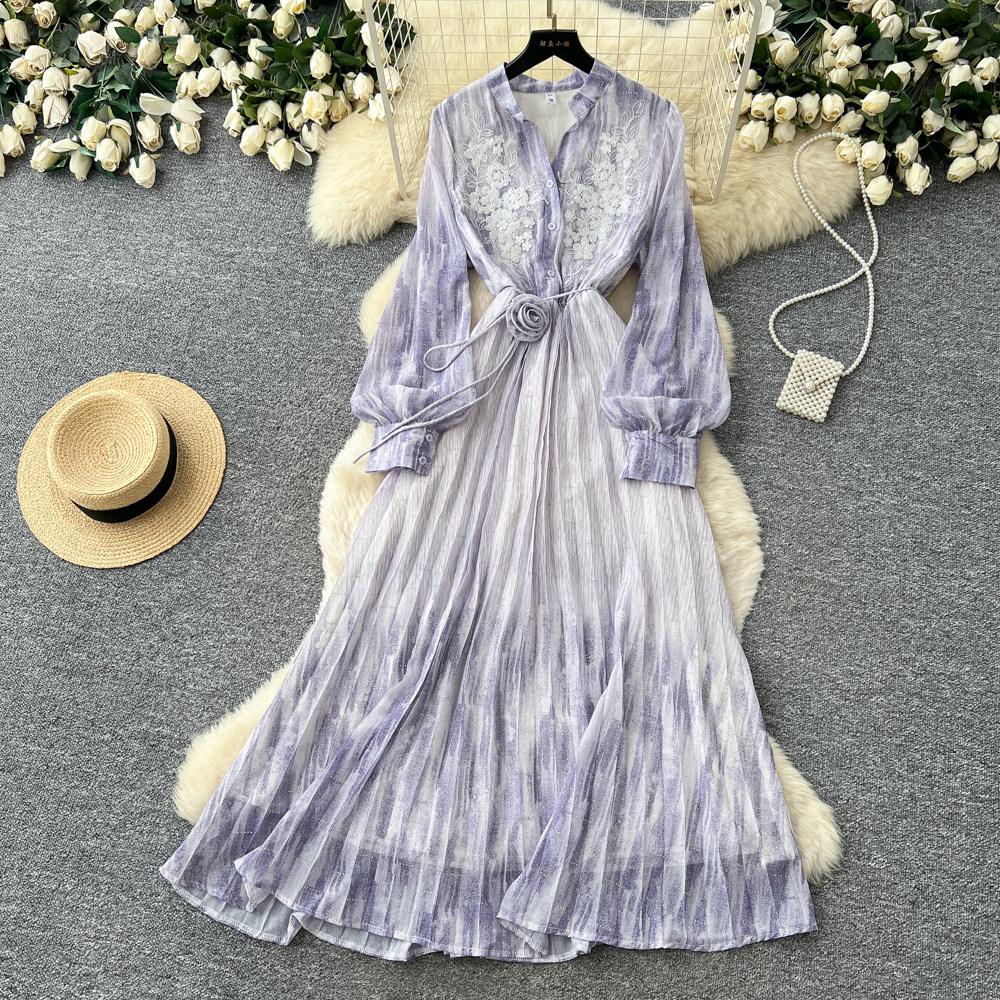 French romantic style lantern sleeve printed dress women's summer waist strap A-shaped long dress high-end temperament