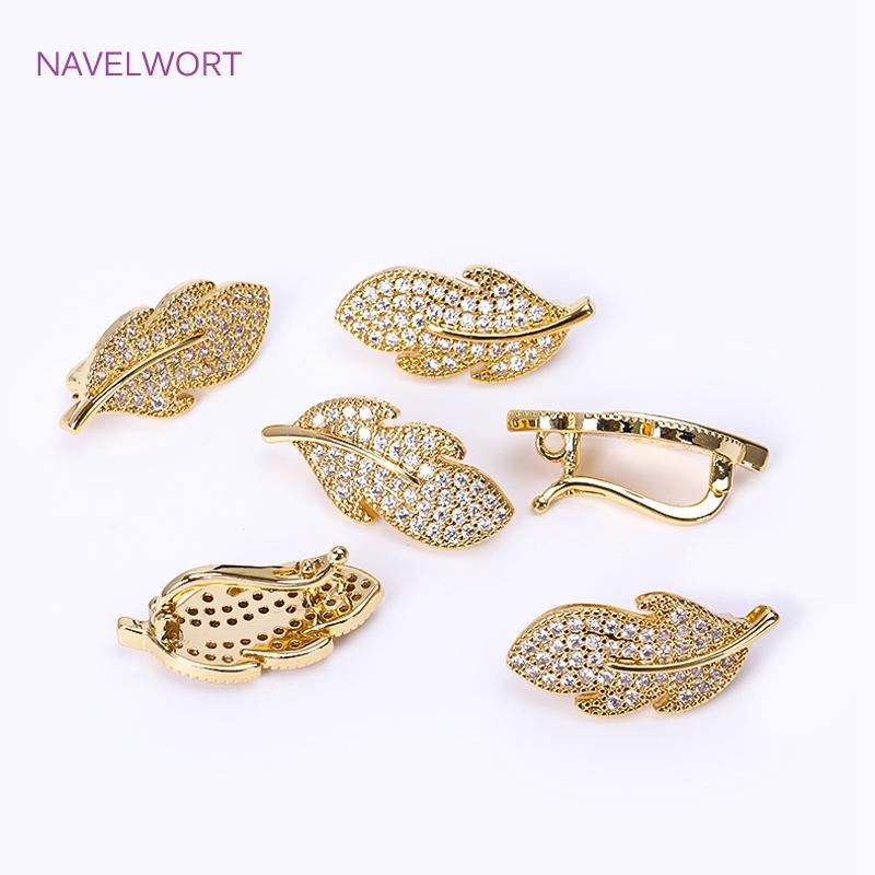 18K Gold Plated Brass Leaves Connector Fastener For Necklace Making Fittings Inlaid Zircon Pearl Clasp Findings DIY Accessories