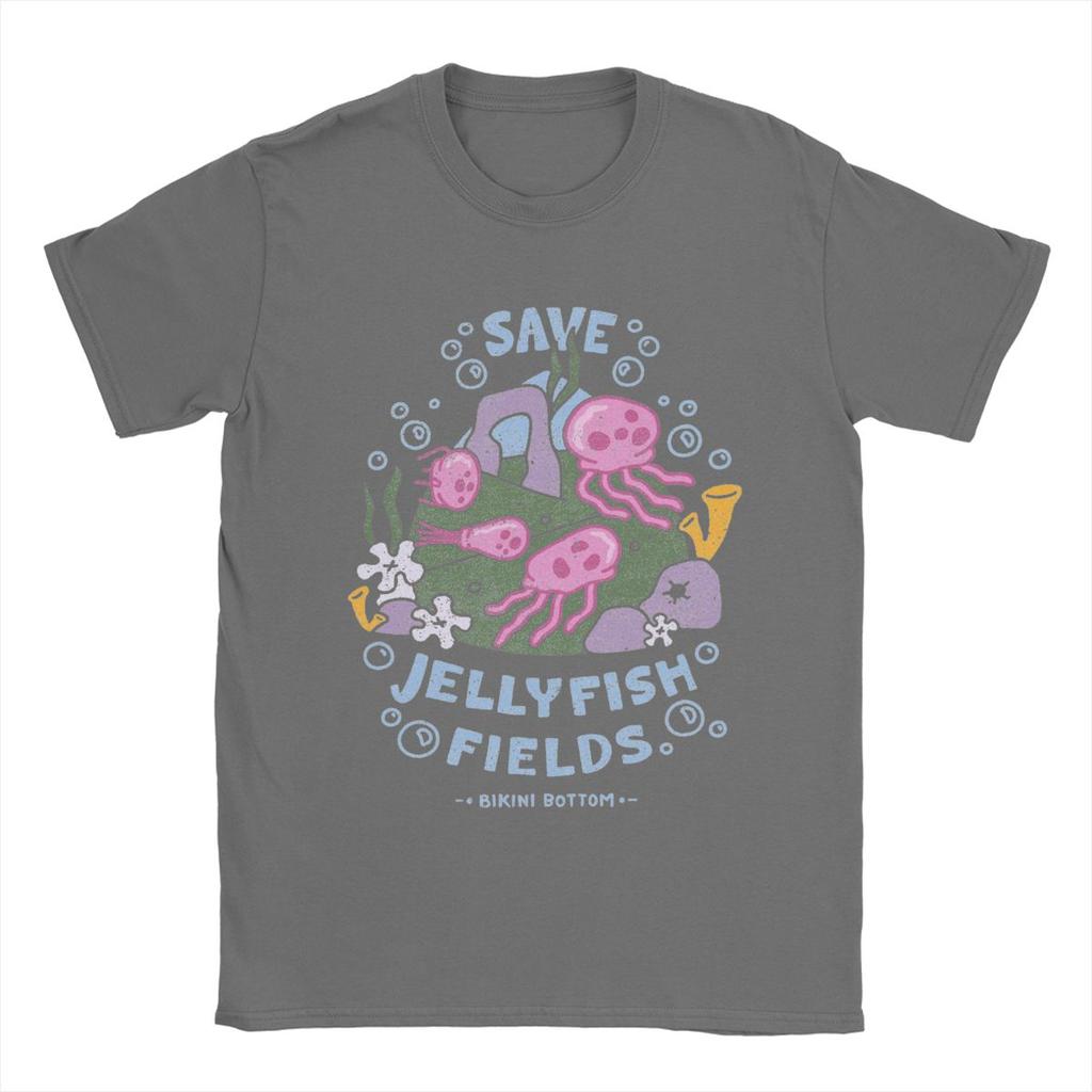 SpongeBobed Save Jellyfish Fields Bikini Bottom T-Shirts for Men Pure Cotton Tee Shirt Short Sleeve T Shirts Summer Clothes