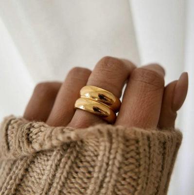European & American 18K Wide Band Double Layer Textured Stainless Steel Ring for Women