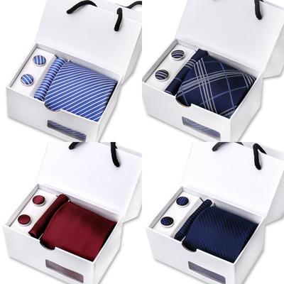 Men'S Premium Business Tie Square Towel Gift Box 3-Piece Wedding Dress Black Red Striped Polyester Tie