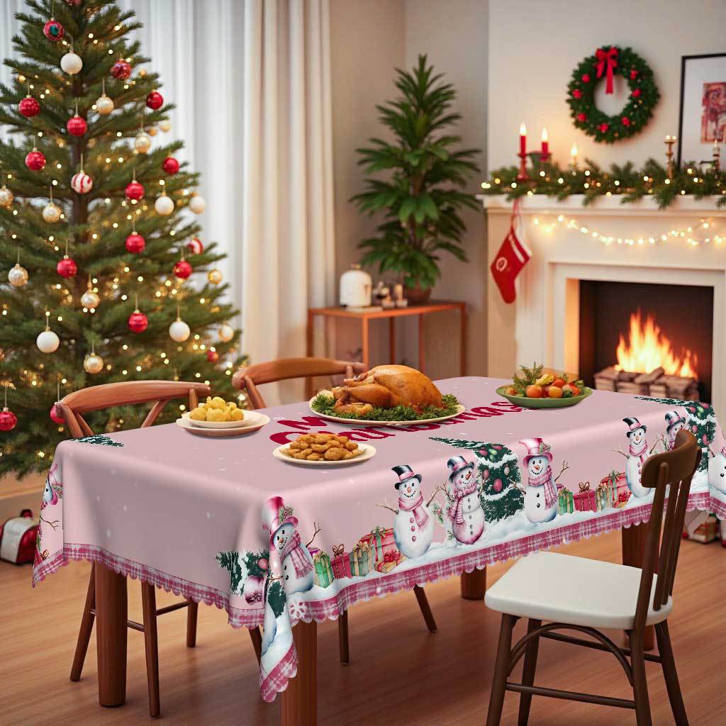 Christmas Tablecloth, Snowman Christmas Tree Gift Pink Dream Warm Merry Christmas Table Decoration