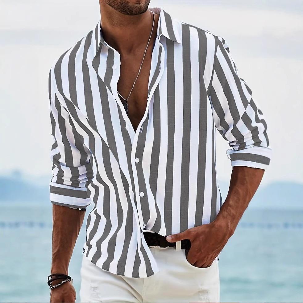 Vintage Stripe Lapel Shirt For Men Lightweight Breathable Daily Wear Shirts S