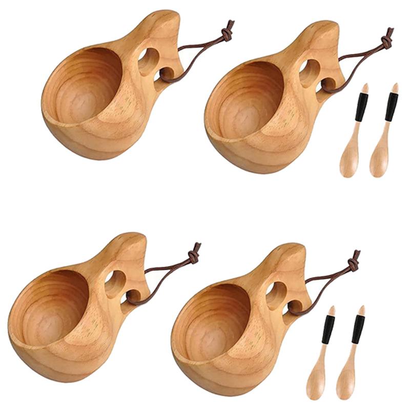 ABWR-4Pack Nordic Style Wooden Cup Kuksa Cup Portable Outdoor Camping Drinking Mug Wooden Coffee Cup With Wooden Spoon