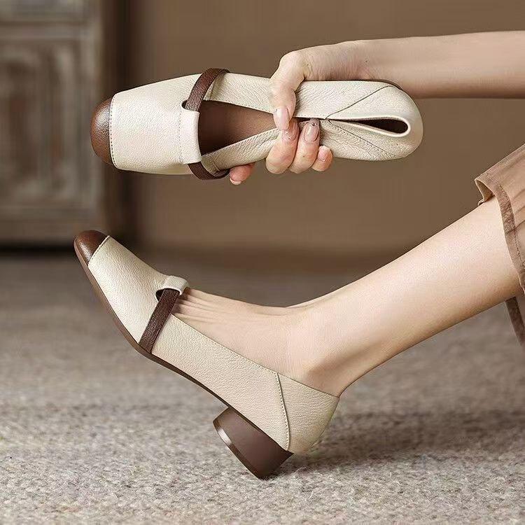 Square head soft sole thick heel leather shoes medium heel soft leather retro spring new soft leather light mouth single shoes