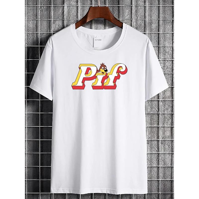 European Size Pif Gadget Men S And Active Logo T-Shirt - Casual Streetwear Short Sleeve Round Neck Breathable Top with Pif Gadget Brand Logo Print S белый