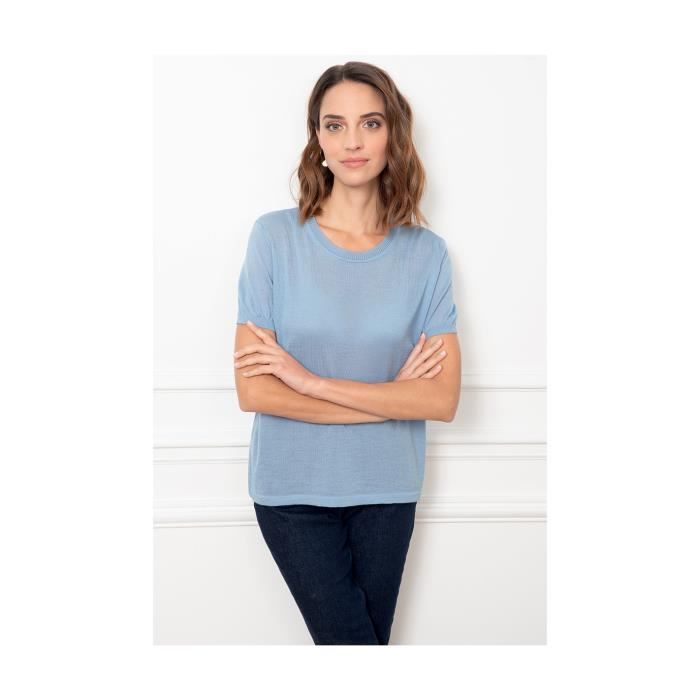 Pull Femme - LAFRANCAISE - RENNES UNI - Bleu horizon - Manches courtes - Col arrondi