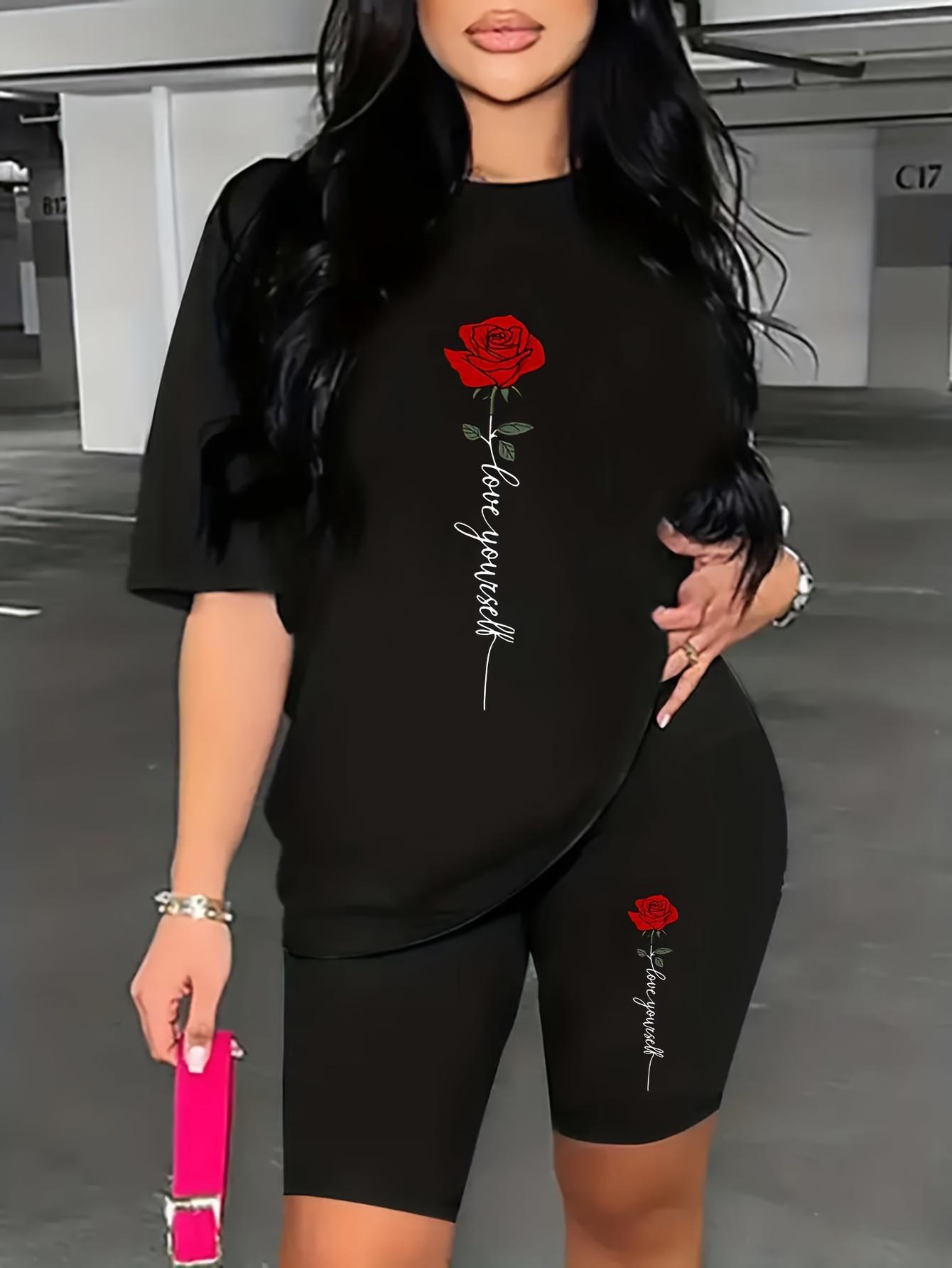 

Женская футболка с шортами LoveYourself РомантичныйИСтильный Роза Вертикальный Принт Женский Комплект с Короткими Рукавами и Шортами Женский Большой Размер 4XL