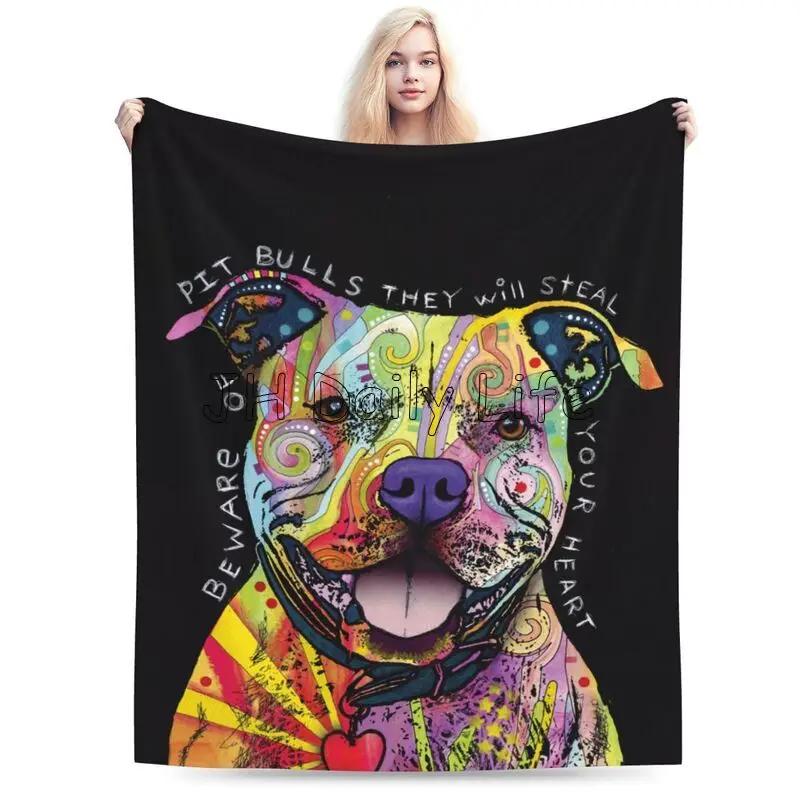 Beware of Pit Bulls They Will Steal Your Heart Flannel Blanket Colorful Pit Bull Fleece Plush Throw Blankets Soft Lightweight