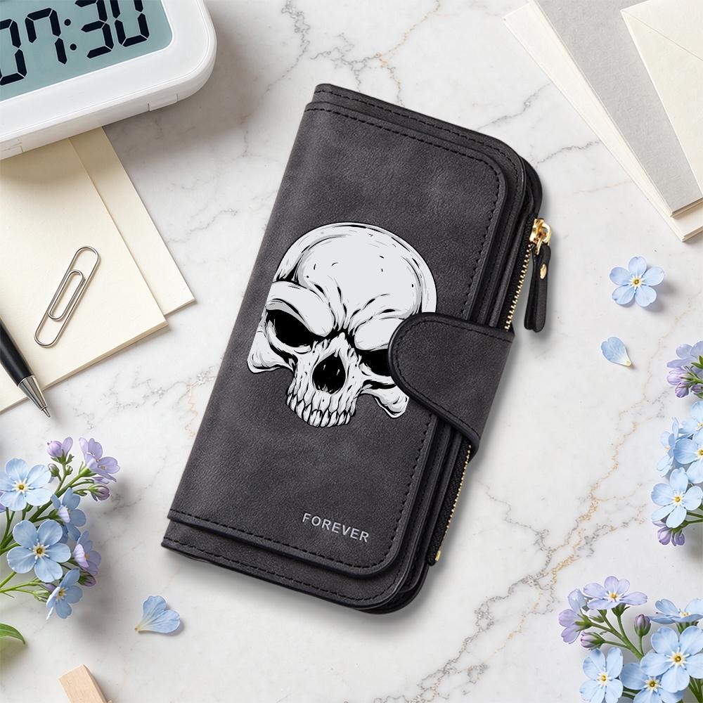 Gothic Skull Print Long Wallet for Men Women, Cool Dark Style Card Holder Zipper Purse
